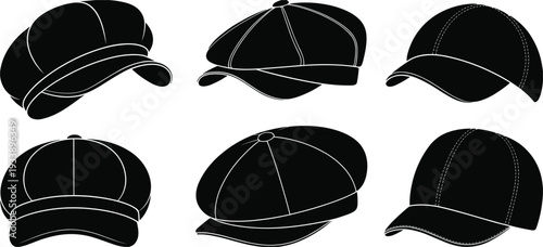 Six Black Silhouettes of Flat Caps and Newsboy Hats on White Background newsboy cap baker boy hat