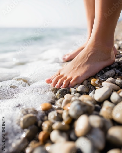 Wallpaper Mural Generative AI, Blue ocean water washing over bare feet on wet pebbles Torontodigital.ca