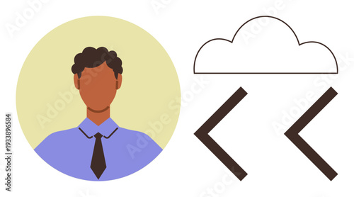 Technology, cloud computing, software development, coding, digital transformation, data storage. A person in a shirt and tie with cloud and coding symbols. Technology and cloud computing concepts