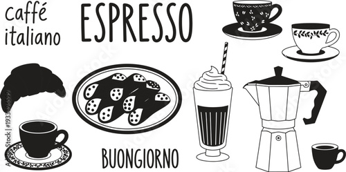 Italian coffee culture with espresso cups and sweet treats