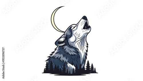 Majestic wolf howls under moonlight in serene forest landscape
