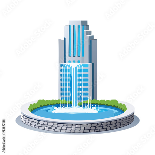 Modern fountain illustration with cascading water and architectural design
