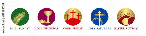 Set of Christian icons for Holy Week celebration. Colorful and golden design