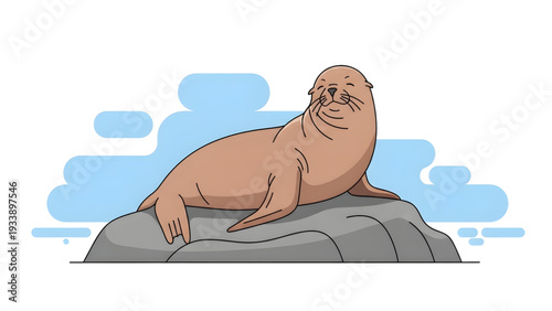 Smiling seal resting on rocky shore by calm sea