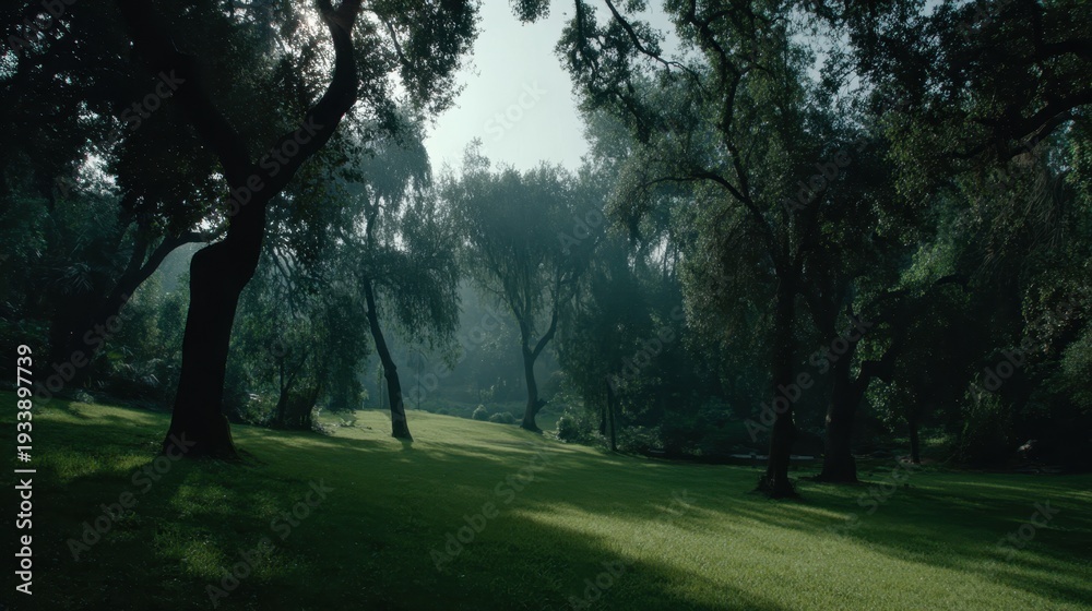 Obraz premium Sun Dappled Green Lawn Among Shadowy Trees on a Foggy Tranquil Morning