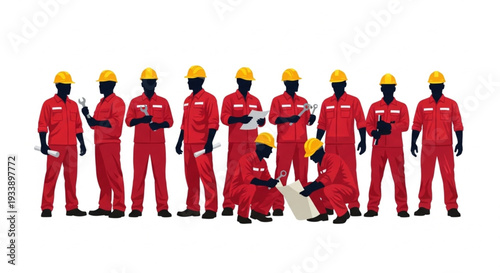 Group of Workers in Red Uniforms.