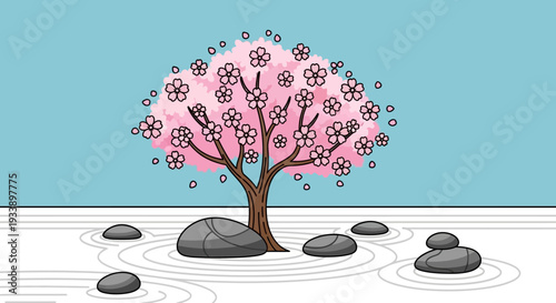 Cherry Blossom Zen Garden with Raked Sand and Rocks