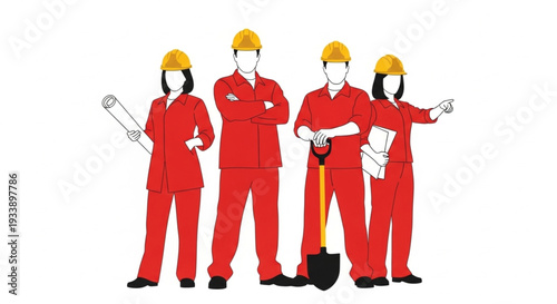 Group of Workers in Red Uniforms.