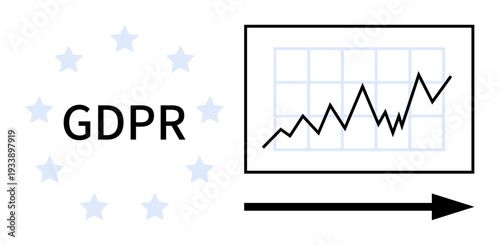 Data protection, regulatory compliance, business analytics, digital transformation, legal requirements, data security. GDPR text with chart showing upward growth. Data protection and regulatory