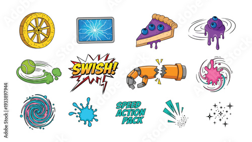 Speed Action Pack: Dynamic illustrations capture various actions, speed and impacts. A set of comic-style graphics designed to enhance motion and visual appeal. 