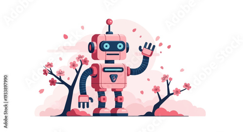 Pink Robot Waving Hand Among Cherry Blossoms