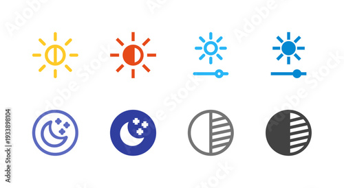 Flat Colored Light mode, Night mode, Brightness, Contrast Icon Set for System Interface