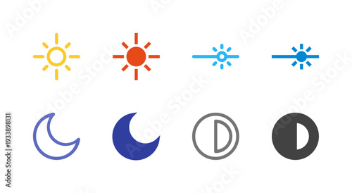 Flat Colored Light mode, Night mode, Brightness, Contrast Icon Set for System Interface