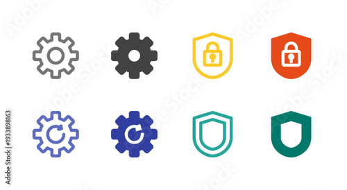 Flat Colored Settings, Security, System update, Shield Icon Set for System Interface