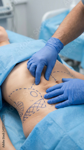 Detailed cropped close-up of plastic surgeon's gloved hands examining and marking woman's abdomen before liposuction procedure, pre-operative consultation - cinematic editorial portrait
