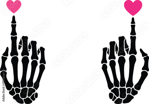 Skeleton hands giving love sign with pink hearts isolated