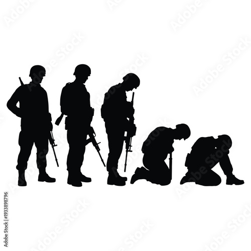 Silhouette soldiers in progression from standing to kneeling to despair