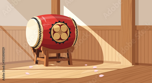 Traditional Japanese Taiko Drum in Dojo with Sunlight