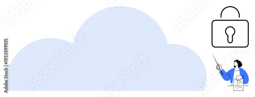 Large cloud, lock symbol representing security, and person with document explaining policies. Ideal for technology, security, data management, privacy, cloud hosting education compliance. Simple