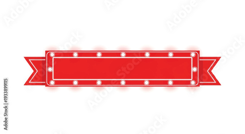 A vibrant red ribbon banner with illuminated light bulbs framing it