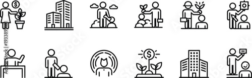 Black and white line icons depicting various business and growth concepts