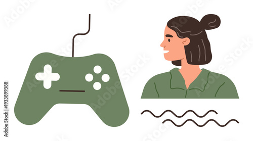 Gaming, technology, entertainment, hobbies, digital interaction, creativity. Green gaming controller alongside a person in profile view. Gaming and technology concept