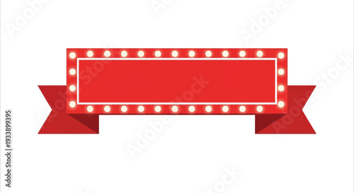 A vibrant red ribbon banner with bright light bulbs surrounding it