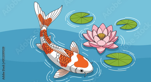 Koi Fish and Lotus Flower in Pond