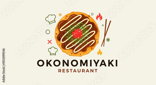 Okonomiyaki Restaurant Logo with Japanese Food Illustration