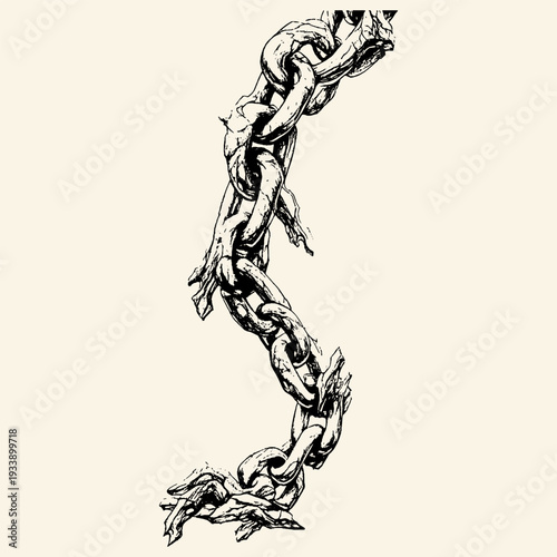 Rusted Chain with Torn Fabric Wrapped Links Ink Illustration