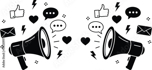 Social Media Marketing Icons with Megaphones, Likes, Hearts, and Envelopes on White Background Keywords: social media, marketing