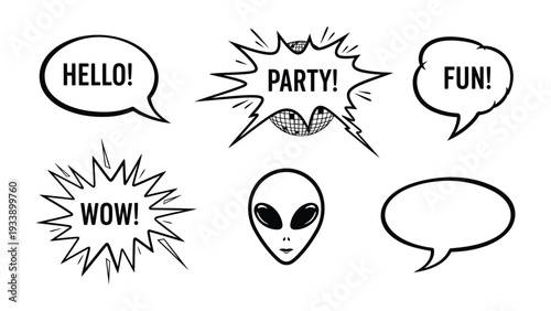 Extraterrestrial Communication: A whimsical illustration showcases a curious alien alongside a series of speech bubbles expressing the words Hello!, Party!, Fun!.