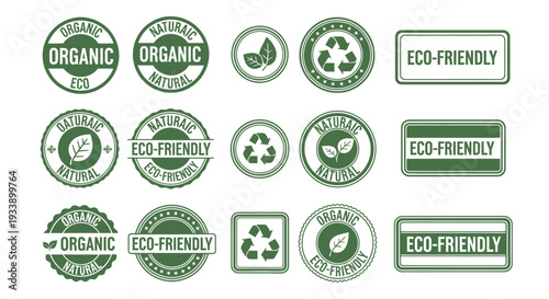 Collection of colorful organic and eco friendly certification badge designs