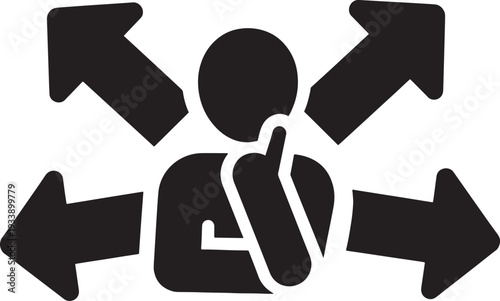 Decision-Making Icon – person with hand on chin surrounded by arrows pointing in multiple directions, representing choices, uncertainty, problem-solving
