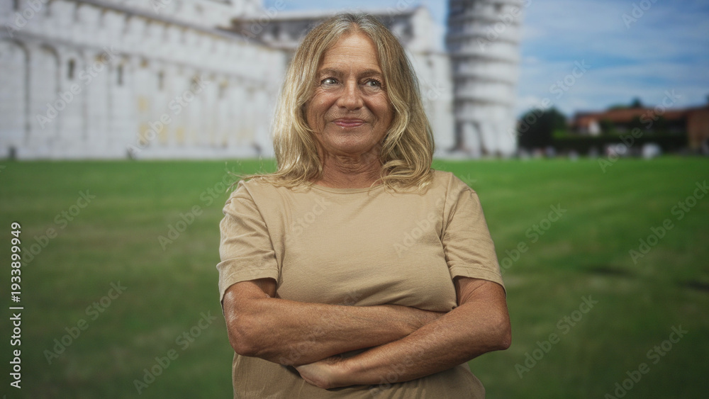 Obraz premium Senior woman with arms crossed standing in front of a historic building and leaning tower on a green lawn; confidence.