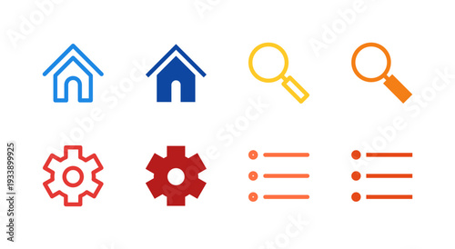 Flat Colored Home, Search, Settings, and Menu Icon Set for Interface Design