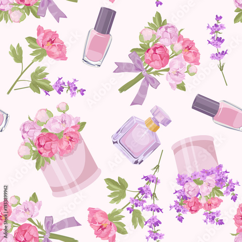 Seamless vector illustration featuring bouquets of pink peonies, lavender and perfume bottles. Ideal for decorating textiles and packaging.