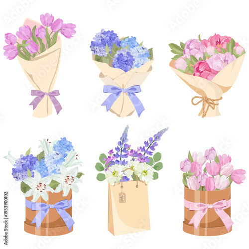 A charming collection of flower bouquets, suitable for various celebrations and special occasions, on a isolated background. Vector illustration.
