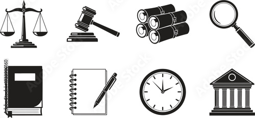 Law and justice symbols including scales, gavel, books, and clock
