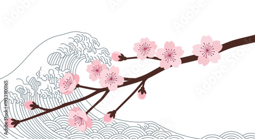 Cherry Blossom Branch Over Japanese Wave