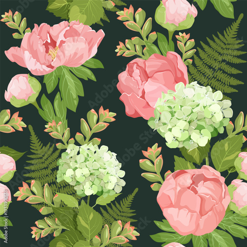 Flowers hydrangea, succulents, and peonies against a black background in a seamless vector illustration for use in textile decoration, packaging, or wallpaper.