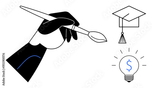 Art and design, education, creativity, financial success, brainstorming, innovation. A hand holds a paintbrush alongside a graduation cap and a lightbulb with a dollar sign. Creativity and education