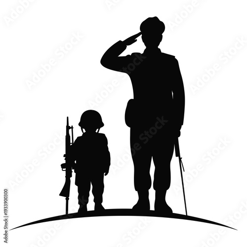 Soldier saluting with child holding rifle silhouette