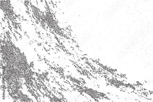 Abstract monochrome particle flow background, chaotic black grain clusters forming dynamic diagonal movement, minimal white backdrop, organic noise texture, modern artistic pattern, contrast design