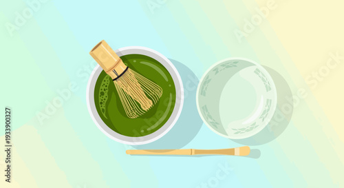 Matcha Tea Preparation: Whisking Green Powder in Bowl