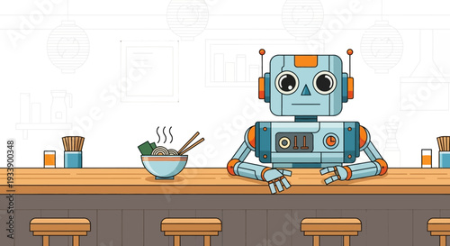 Robot eating ramen noodles at a bar counter