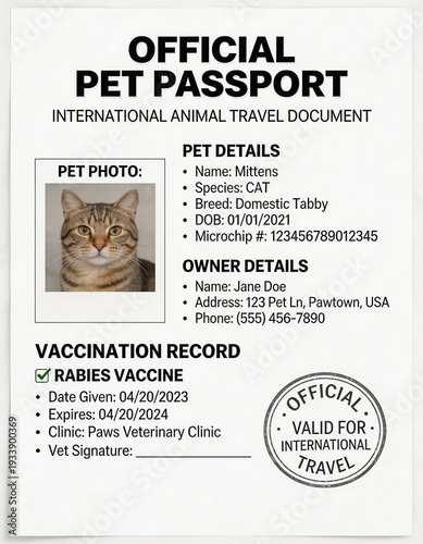 Pet passport with medical vaccination records and identification information forming professional background for veterinary services, animal travel regulations, and global pet relocation themes.