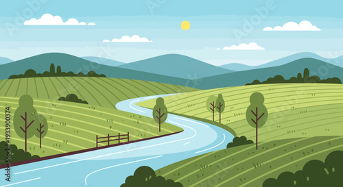 Serene River Winding Through Green Rolling Hills and Fields