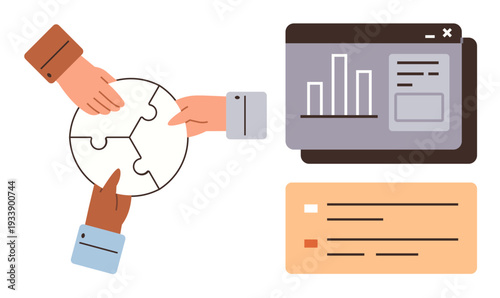 Business teamwork, problem-solving, collaboration, project management, analysis, strategy. Hands fitting puzzle pieces together, analytical dashboard displayed. Teamwork and problem-solving