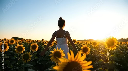 Woman in Sunflower Field at Sunset Enjoying Golden Hour